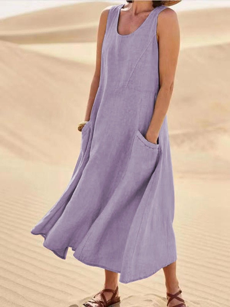 Wren | Women’s Sleeveless Midi Dress with Pocketsr