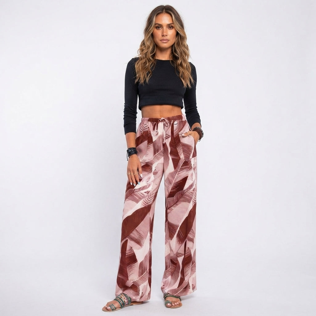 Courtney Blake | Leaf Print Wide Leg Beach Trousers For Women