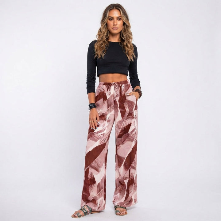 Courtney Blake | Leaf Print Wide Leg Beach Trousers For Women