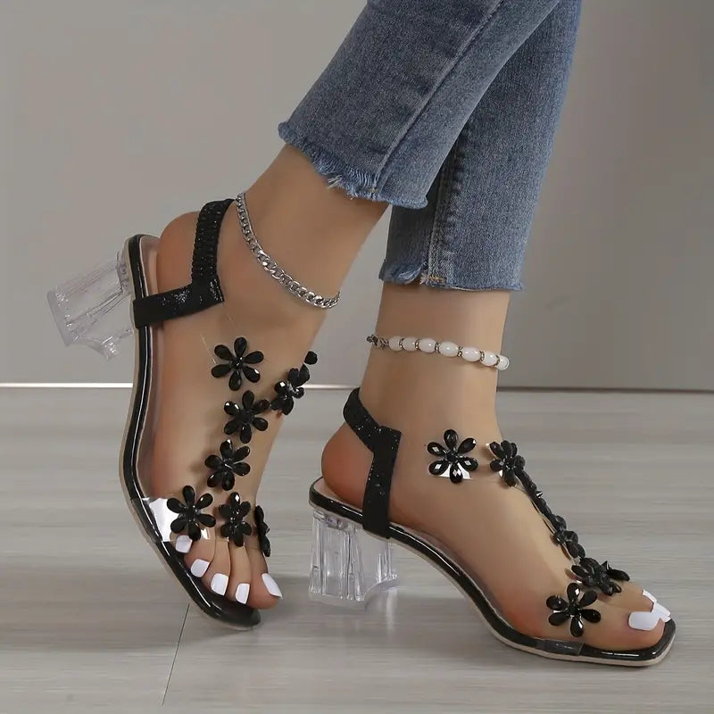 Frieda | Women’s Flower Rhinestone Sandals with Block Heel