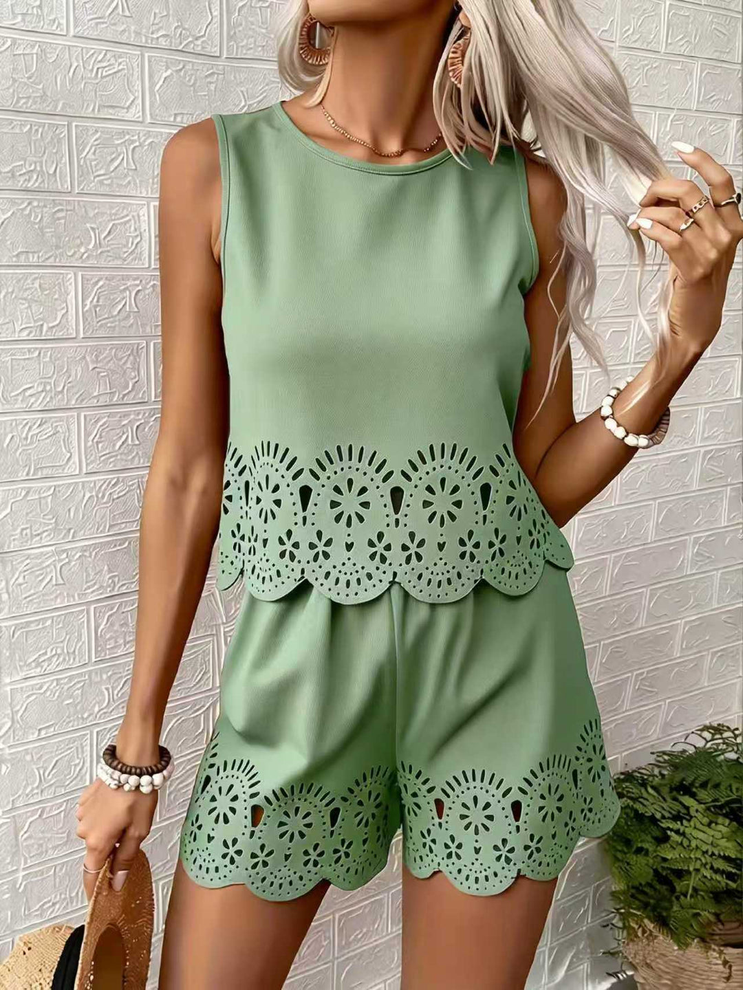 Amelia Rafferty | Eyelet Scallop Crop Tank &amp; Shorts Set For Women — Butter Yellow