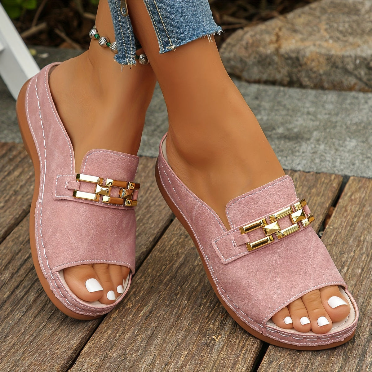 Romy | Women’s Slide Sandals with Gold-Link Cushioned Footbed