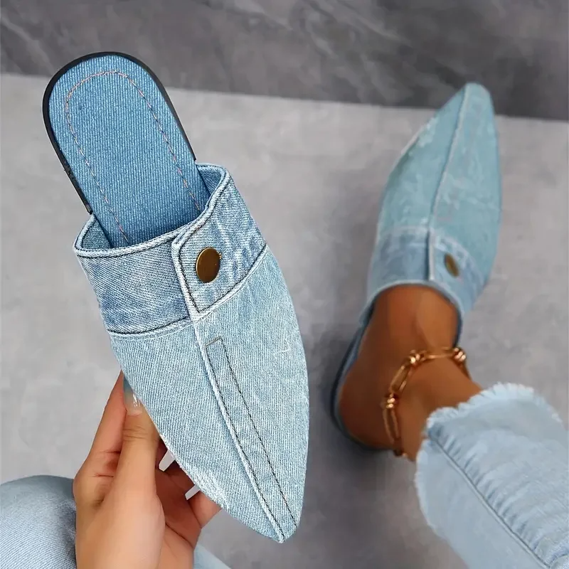 Demi | Women’s Denim Slip-On Mules with Pointed Toe