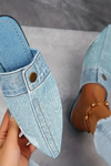 Demi | Women's Pointed Toe Denim Slip On Flat Mule Slides