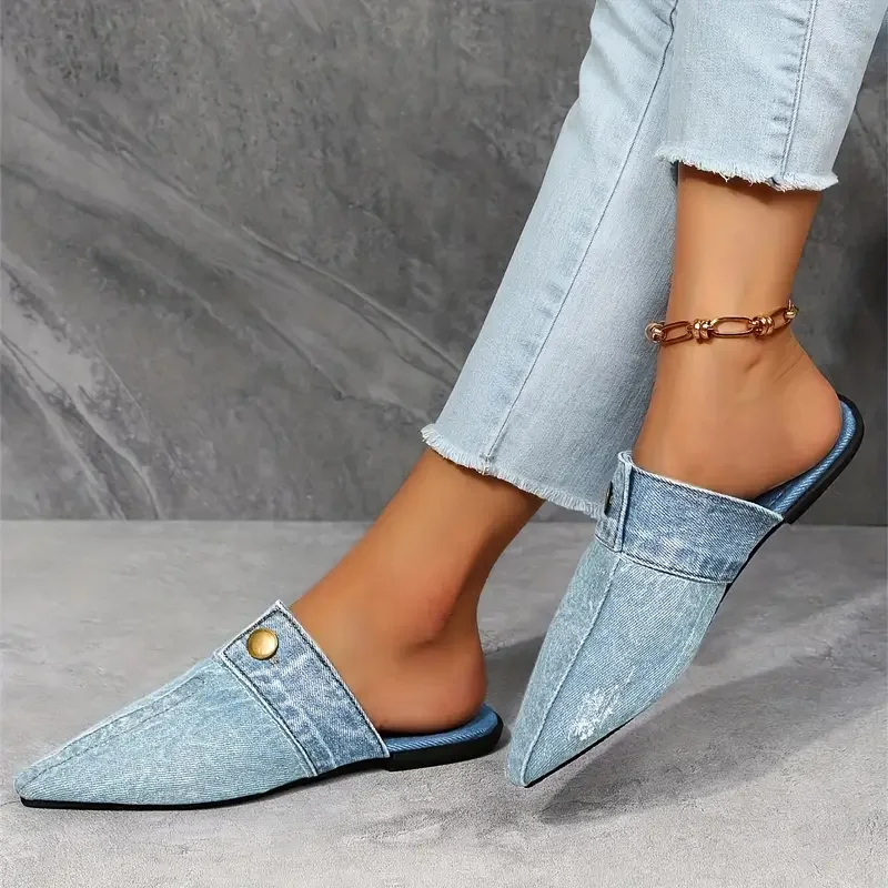 Demi | Women’s Denim Slip-On Mules with Pointed Toe