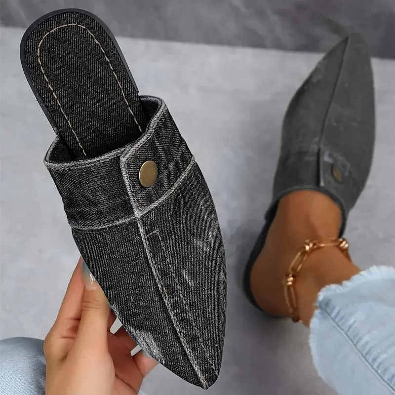 Demi | Women’s Denim Slip-On Mules with Pointed Toe