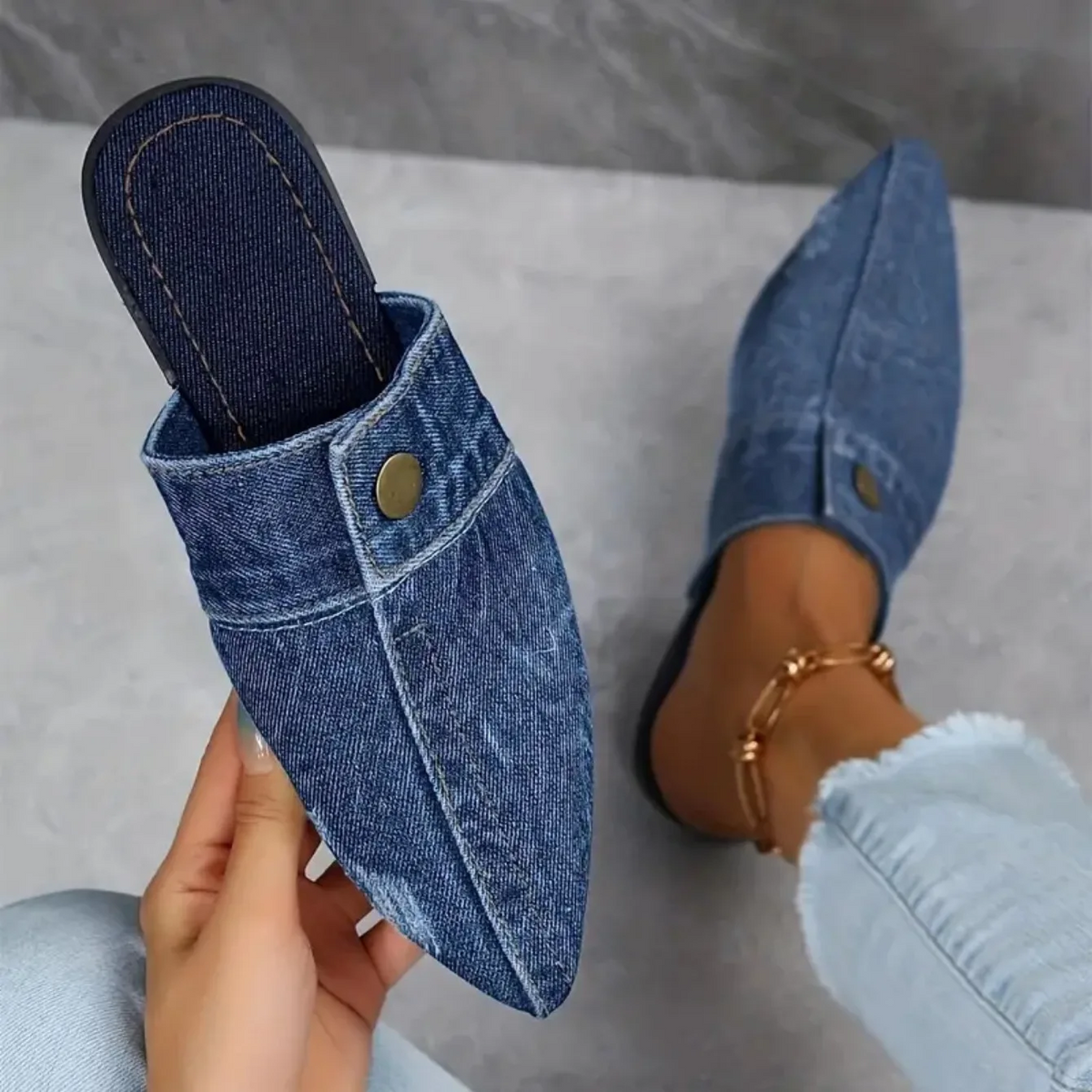 Demi | Women’s Denim Slip-On Mules with Pointed Toe