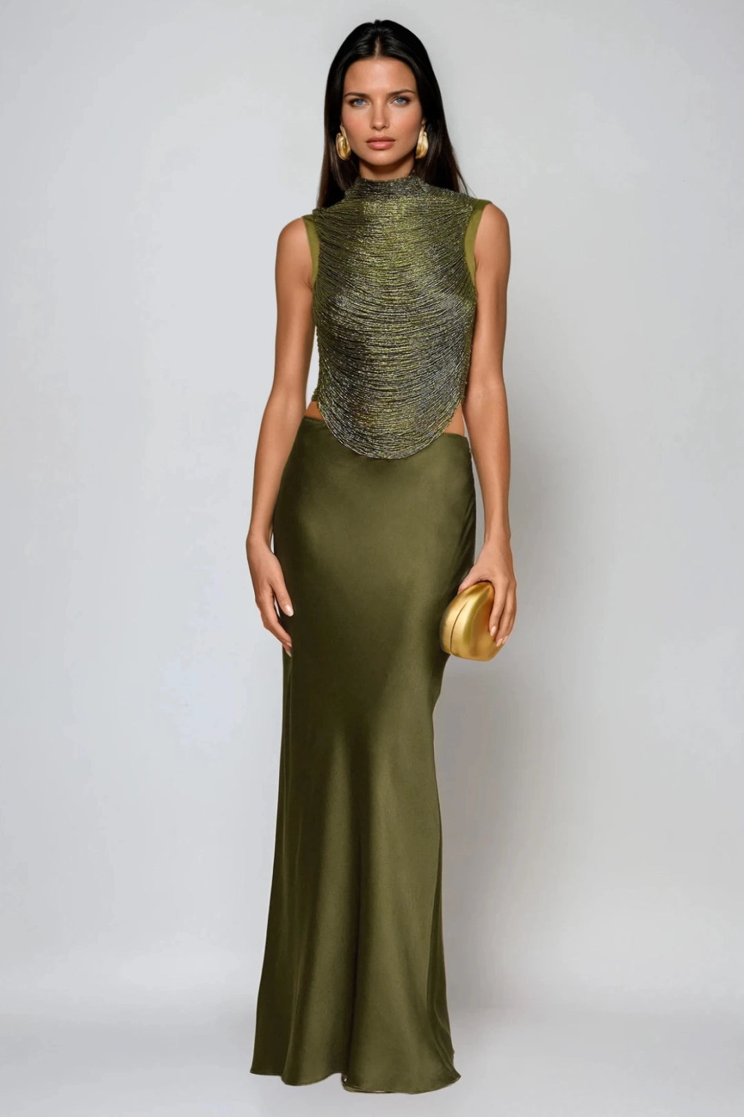 Draped High Neck Top and Satin Maxi Skirt Two-Piece Set