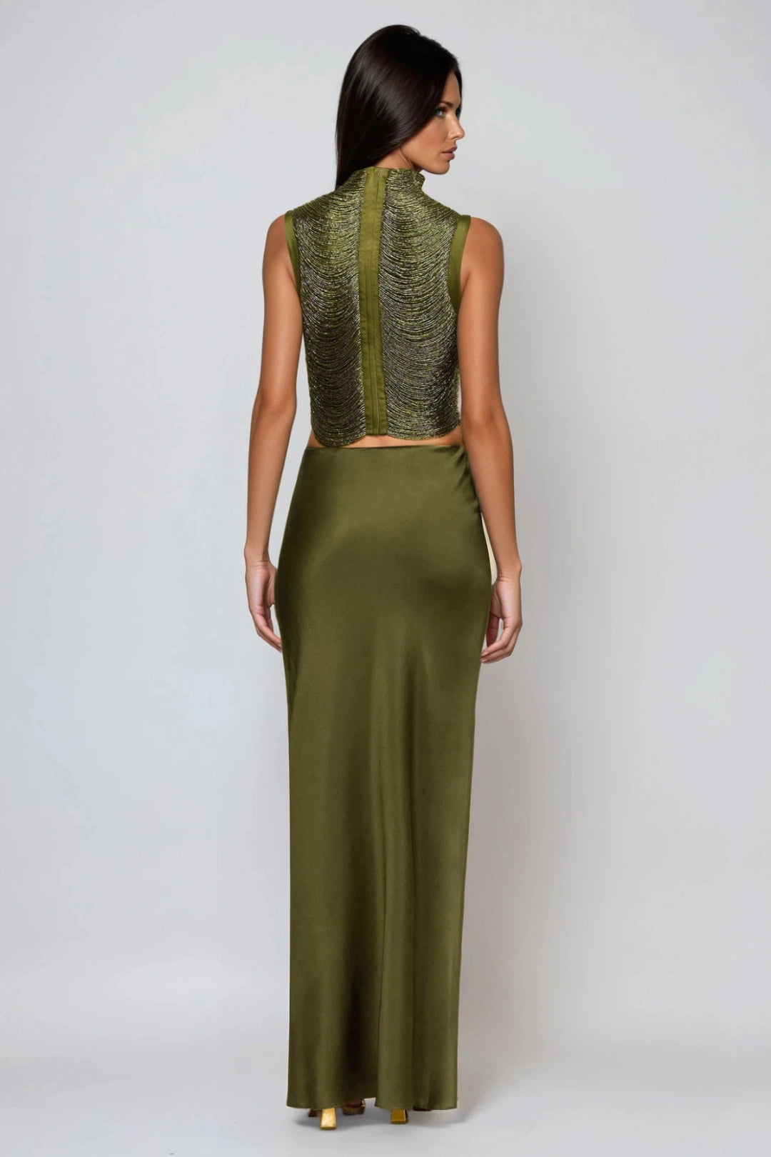 Draped High Neck Top and Satin Maxi Skirt Two-Piece Set