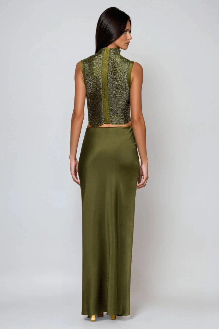 Draped High Neck Top and Satin Maxi Skirt Two-Piece Set