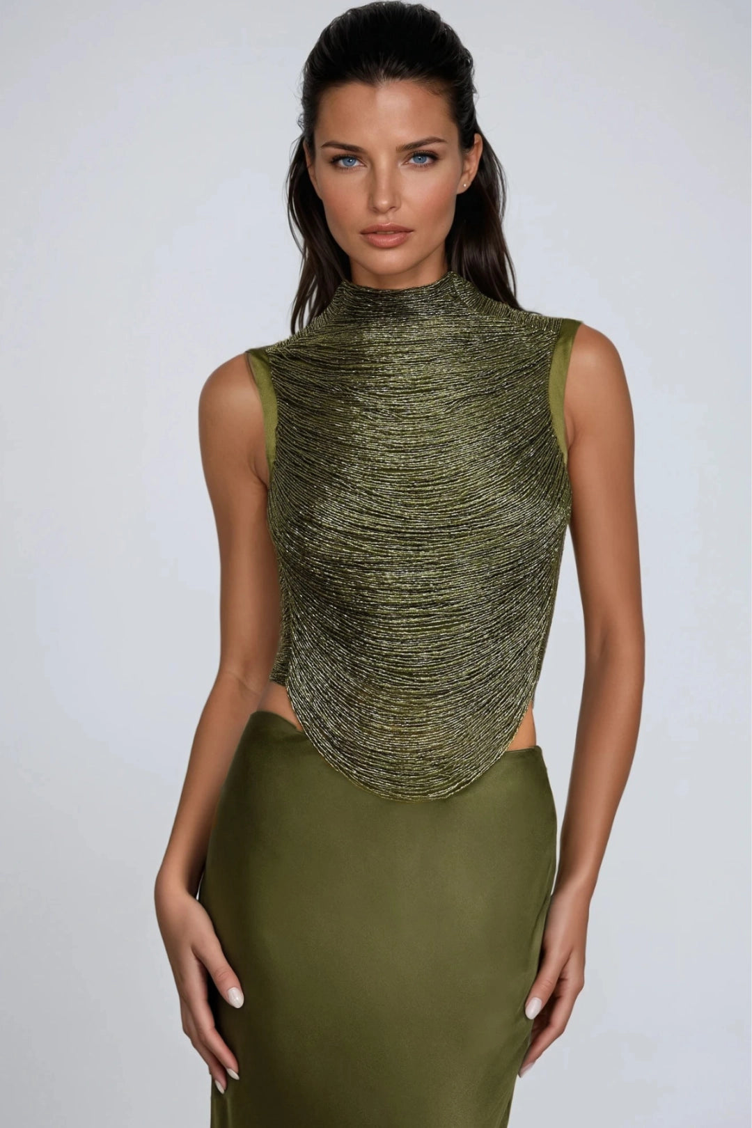 Draped High Neck Top and Satin Maxi Skirt Two-Piece Set