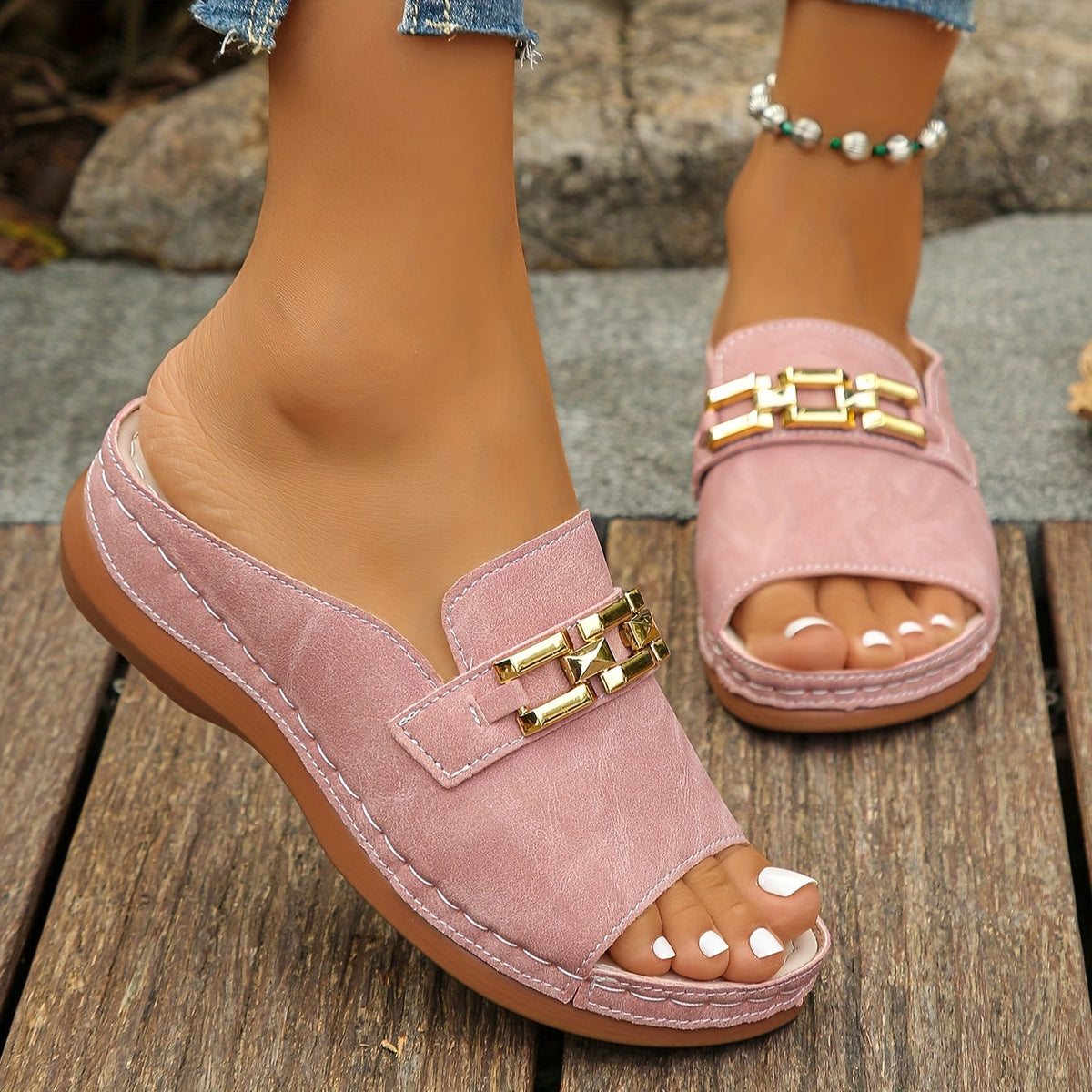 Romy | Women’s Slide Sandals with Gold-Link Cushioned Footbed