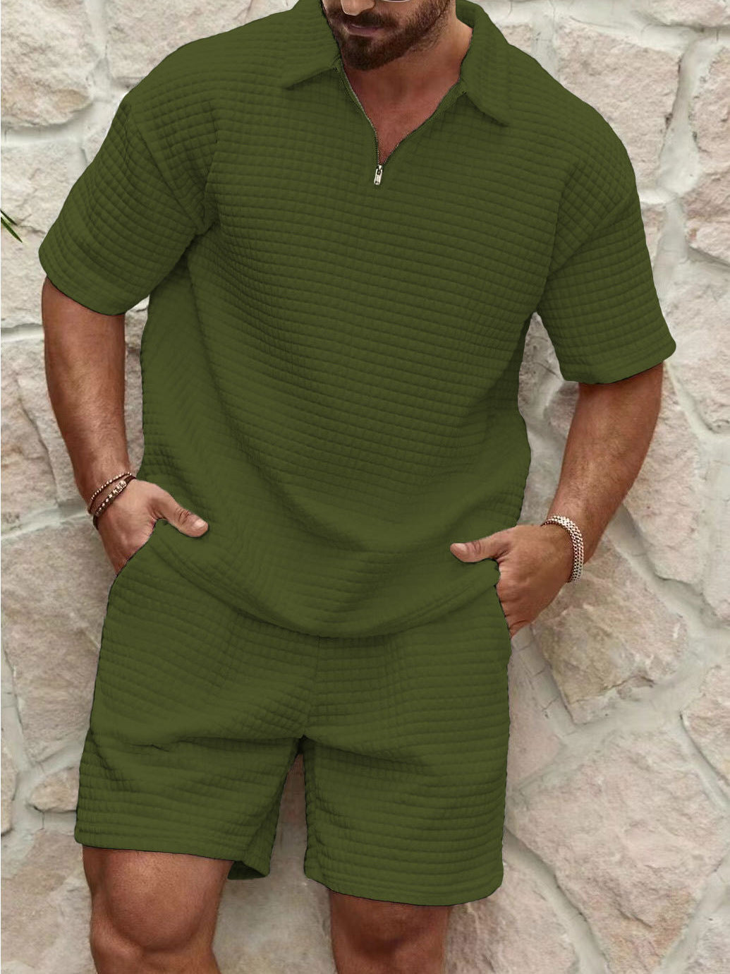 Elliot Bramwell | Textured Zip Polo &amp; Shorts Set For Men