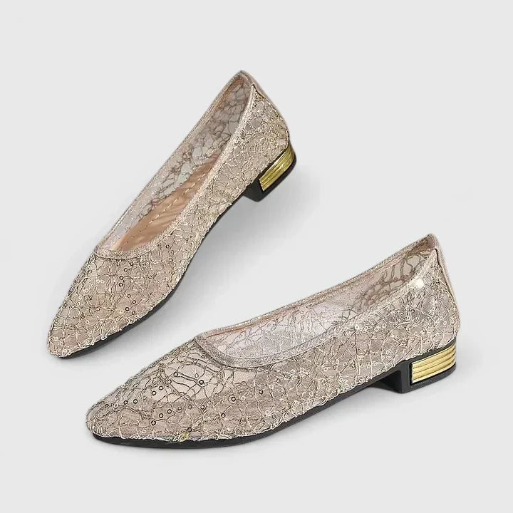 Celeste |  Women’s Lace Pointed Flats with Gold Heel
