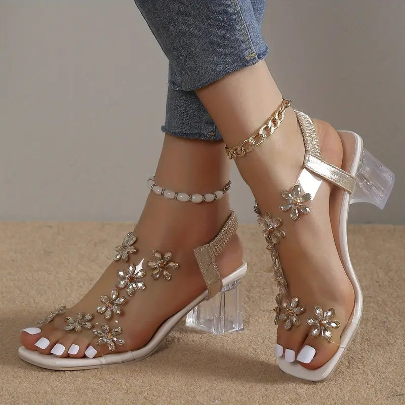 Frieda | Women’s Flower Rhinestone Sandals with Block Heel
