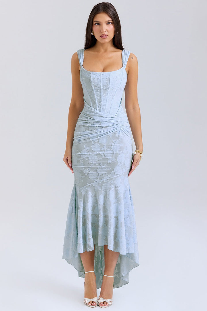 Square Neck Corset Fishtail Maxi Dress in Floral Jacquard