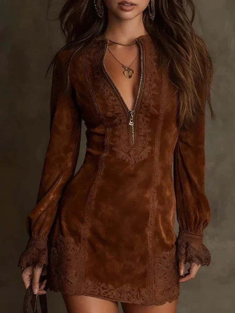 Eloise | Women’s Lace Mini Dress with Zip Neckline