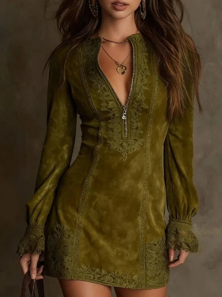 Eloise | Women’s Lace Mini Dress with Zip Neckline