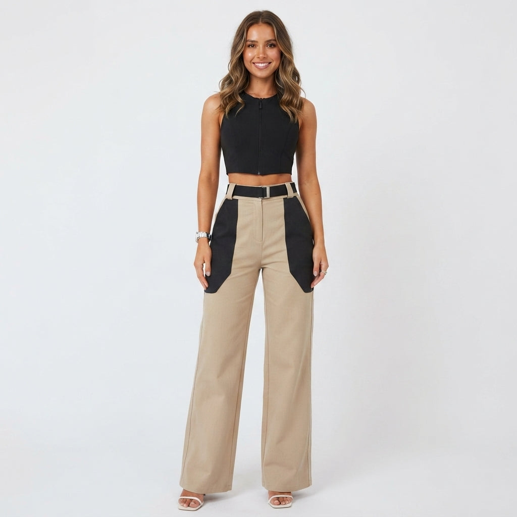 Emily Foster | Colour Block Belted Vest And Pants Set For Women
