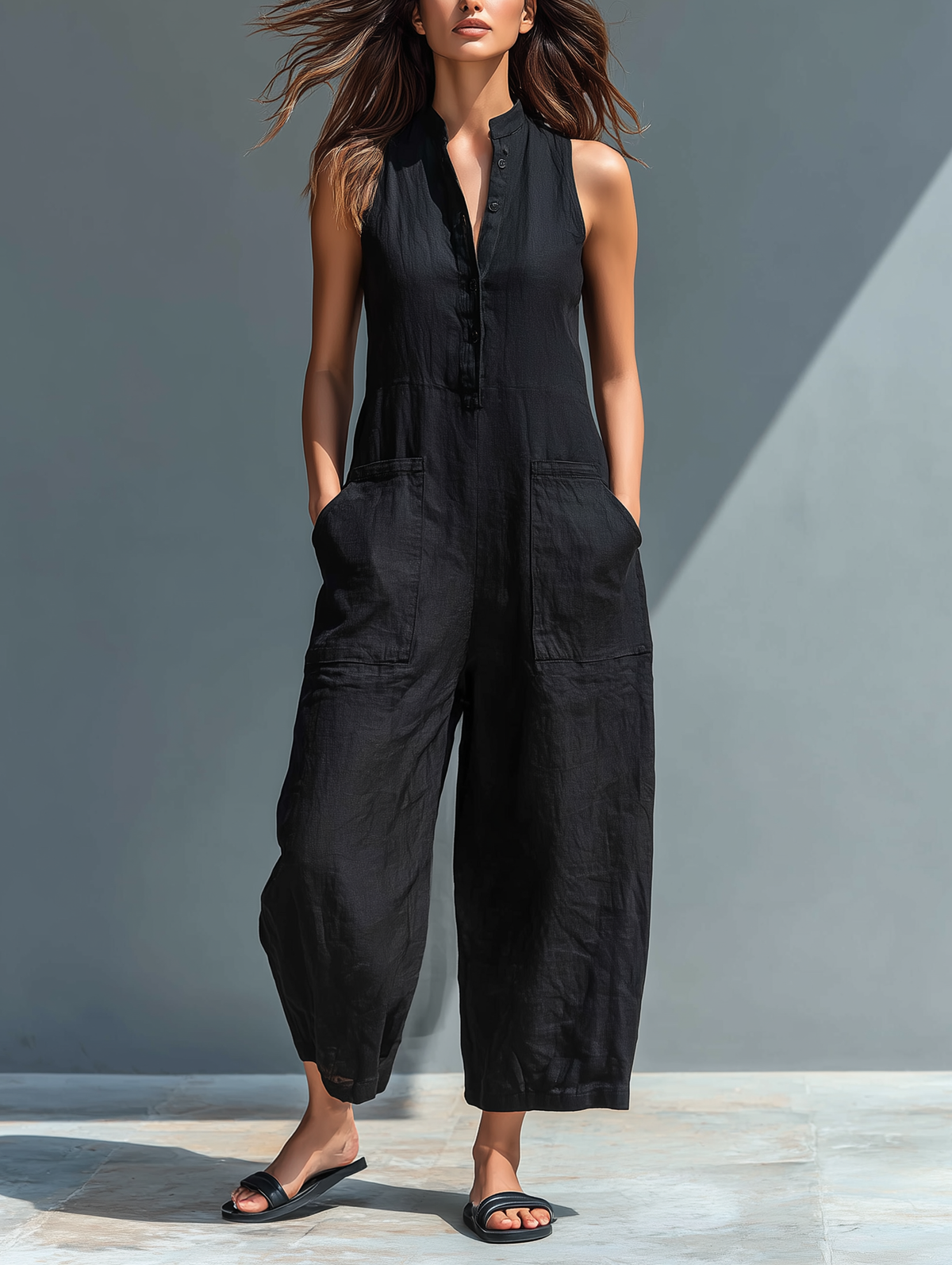 Evangelia | Women’s Sleeveless Wide Leg Jumpsuit with Mandarin Collar