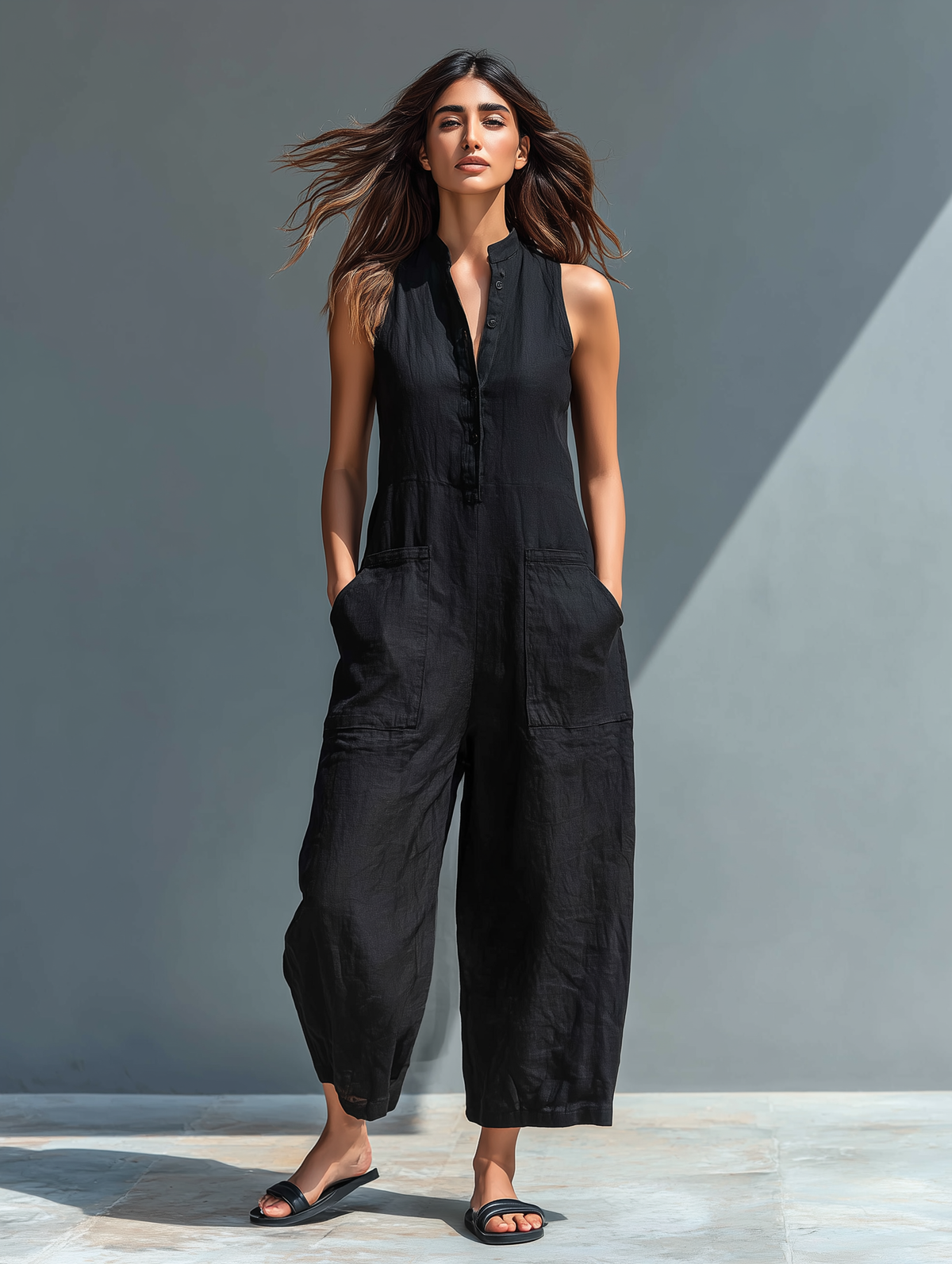 Evangelia | Women’s Sleeveless Wide Leg Jumpsuit with Mandarin Collar