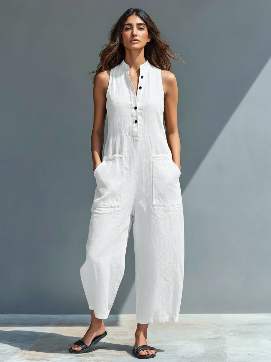 Evangelia | Women’s Sleeveless Wide Leg Jumpsuit with Mandarin Collar