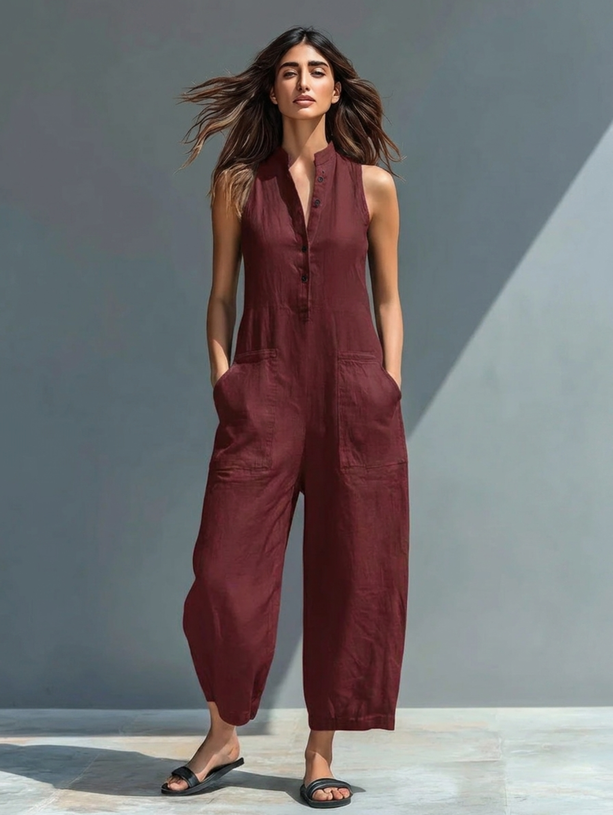Evangelia | Women’s Sleeveless Wide Leg Jumpsuit with Mandarin Collar