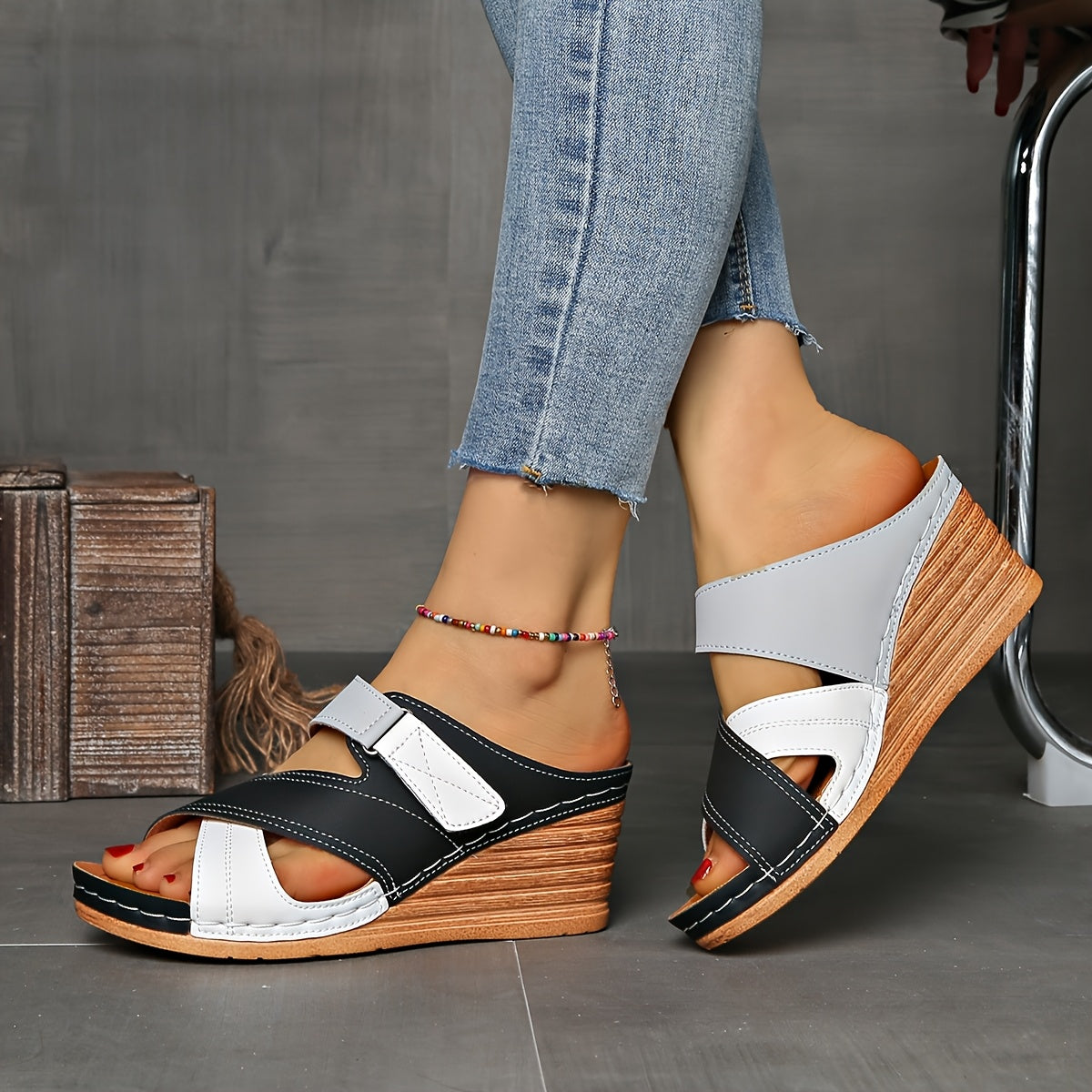 Marina | Women’s Colourblock Wedge Slides with Cushioned Sole