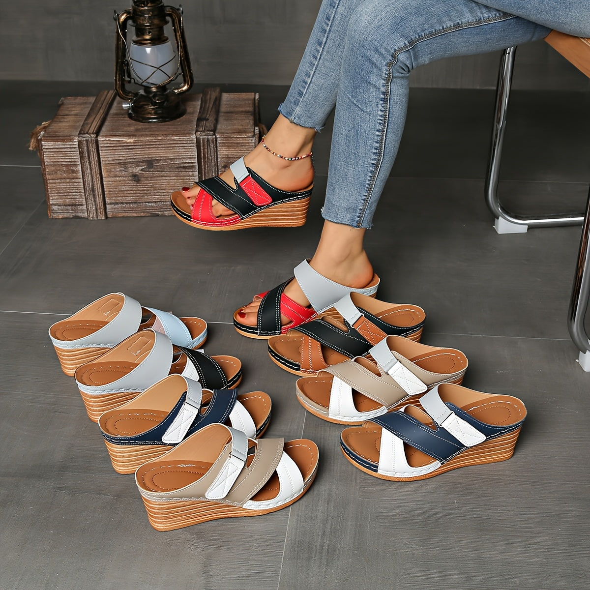Marina | Women’s Colourblock Wedge Slides with Cushioned Sole