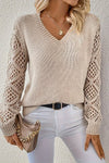 Fiona | Women's V Neck Openwork Long Sleeve Sweater