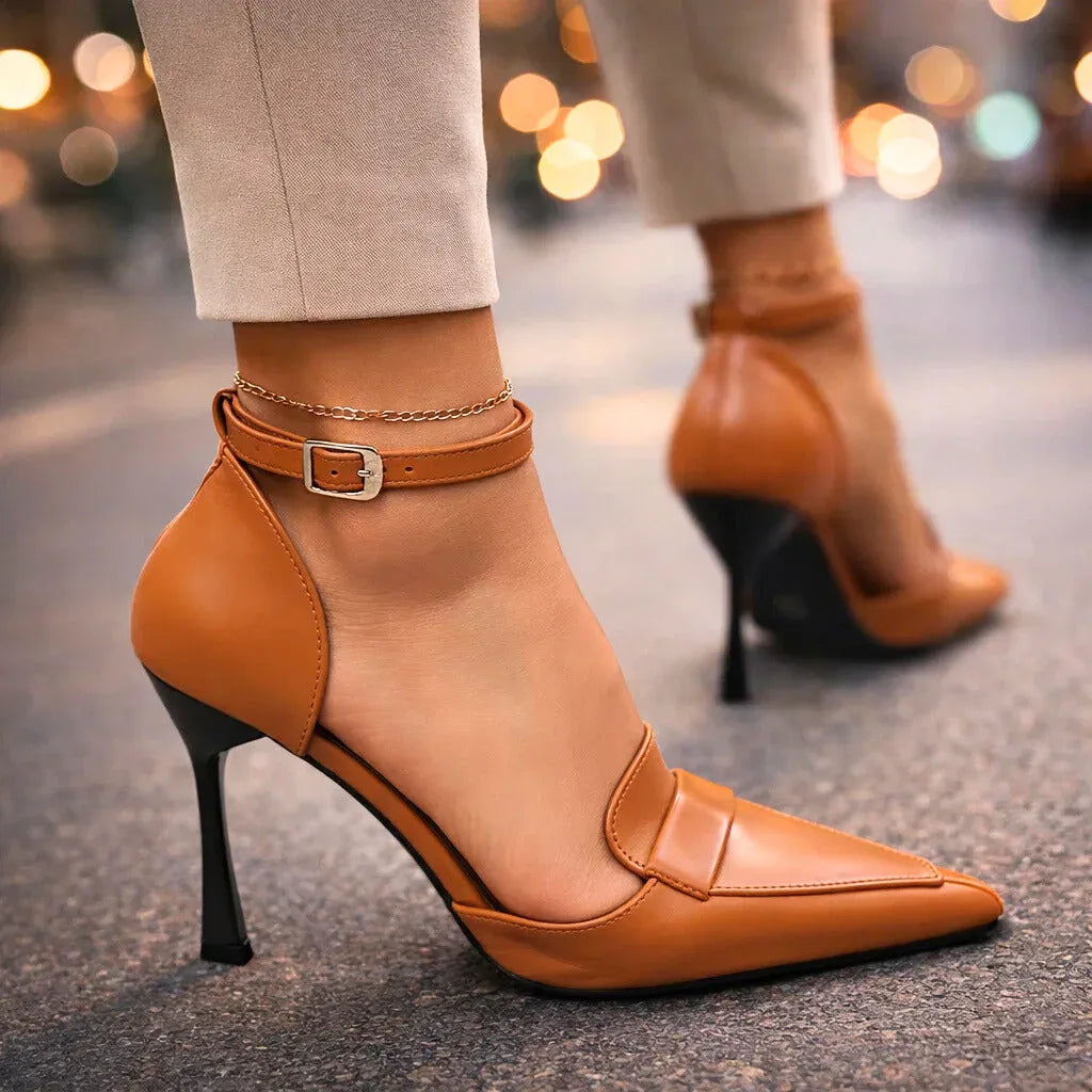 Francesca | Women’s Brown Pointed Toe Heels with Strap