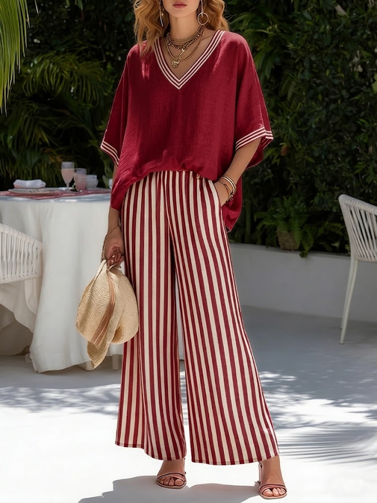 Francine | Women’s Striped V-Neck Top with Wide-Leg Pants