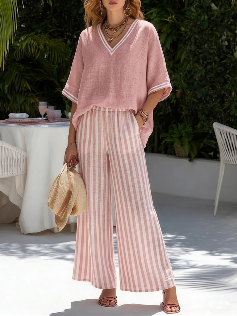 Francine | Women’s Striped V-Neck Top with Wide-Leg Pants