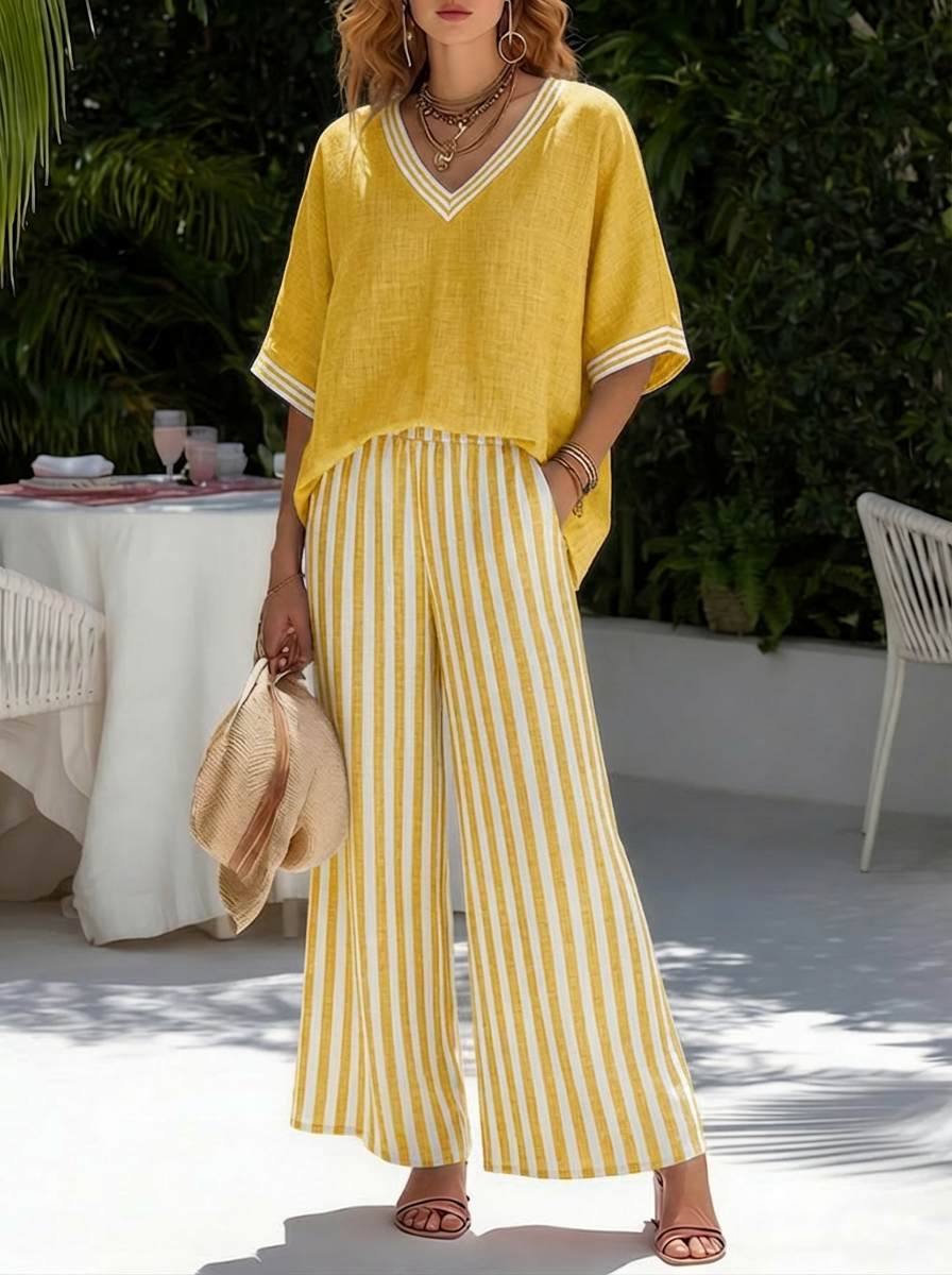 Francine | Women’s Striped V-Neck Top with Wide-Leg Pants
