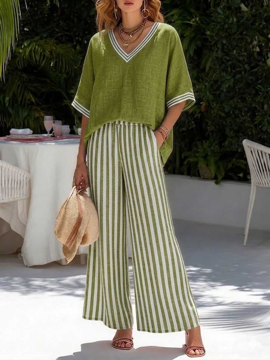 Francine | Women’s Striped V-Neck Top with Wide-Leg Pants