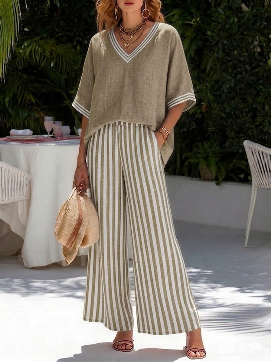 Francine | Women’s Striped V-Neck Top with Wide-Leg Pants