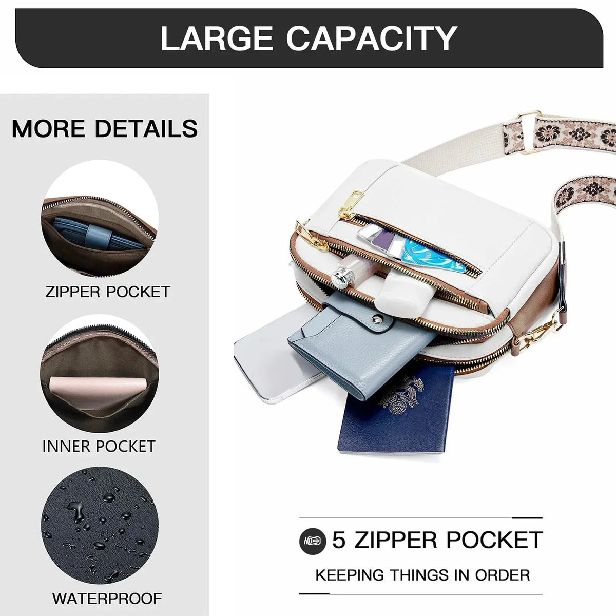 Adeline | Women’s Pocketed Crossbody Bag with Patterned Strap