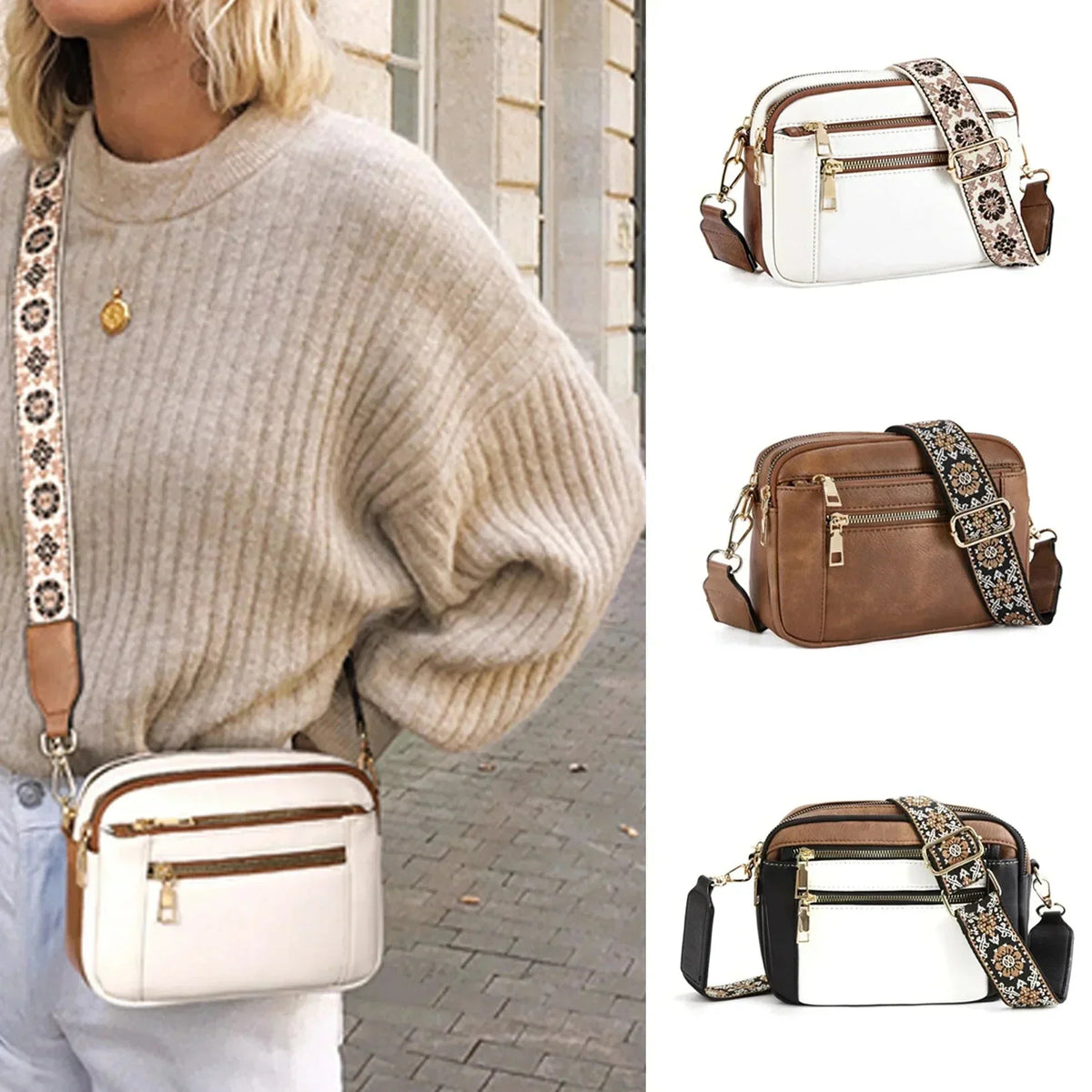Adeline | Women’s Pocketed Crossbody Bag with Patterned Strap