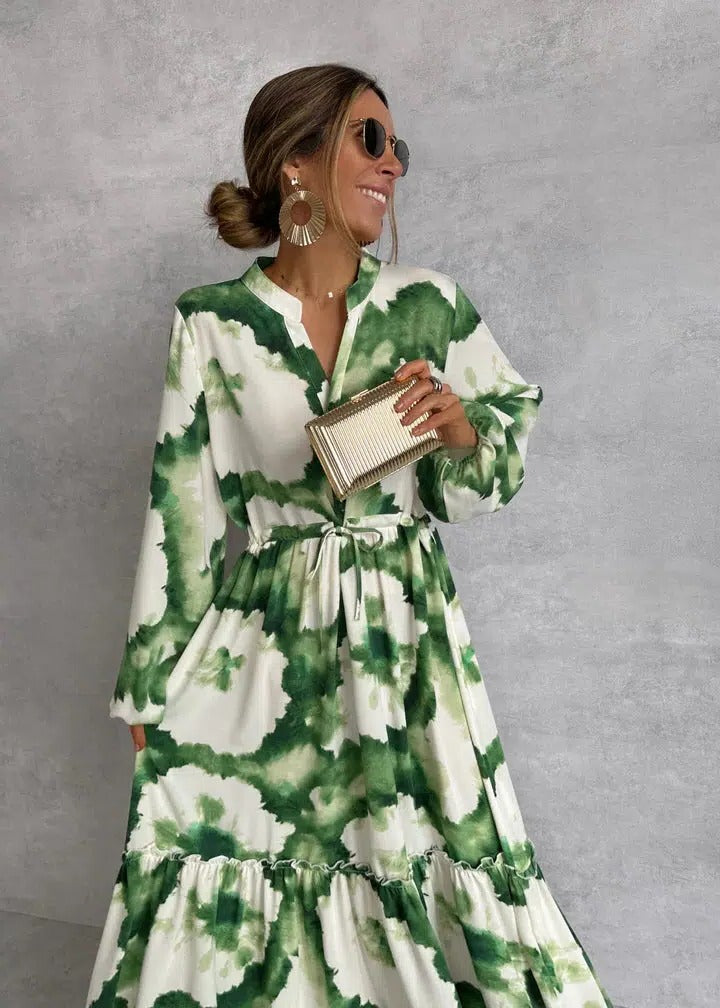 Sage | Women’s Printed V-Neck Maxi Dress with Bel