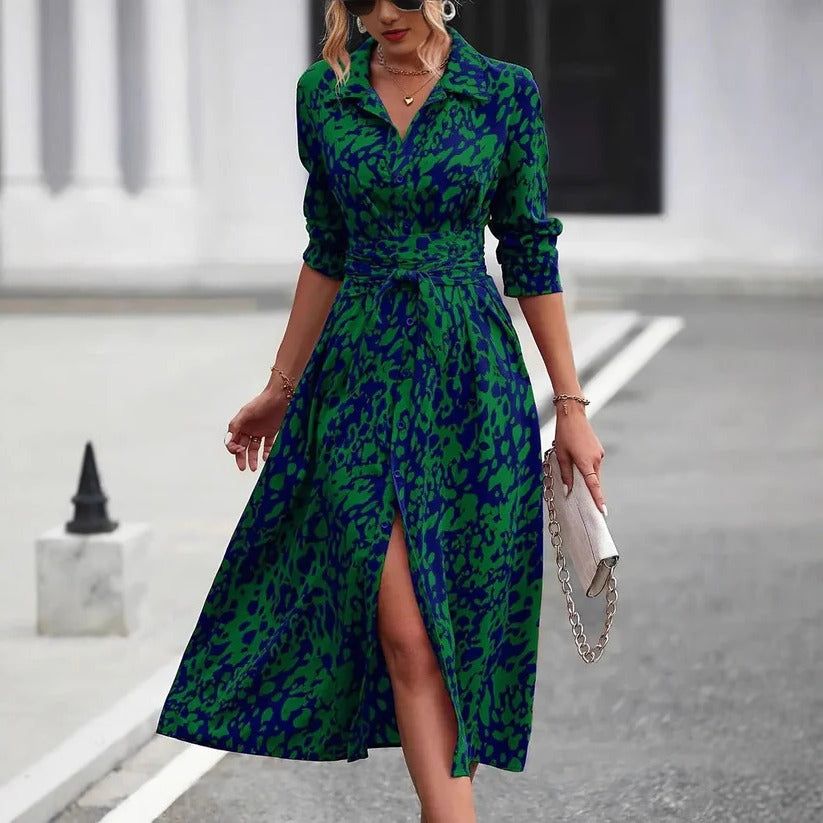 Vivienne | Women’s Printed Midi Dress with Waist Tie
