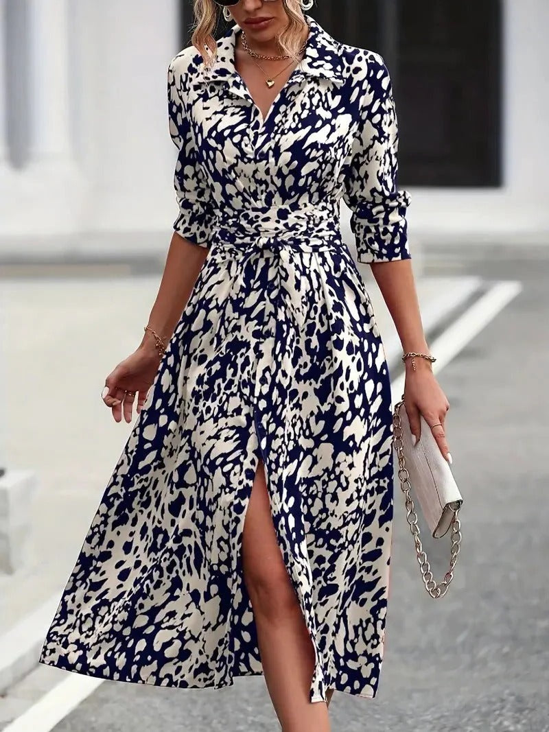 Vivienne | Women’s Printed Midi Dress with Waist Tie