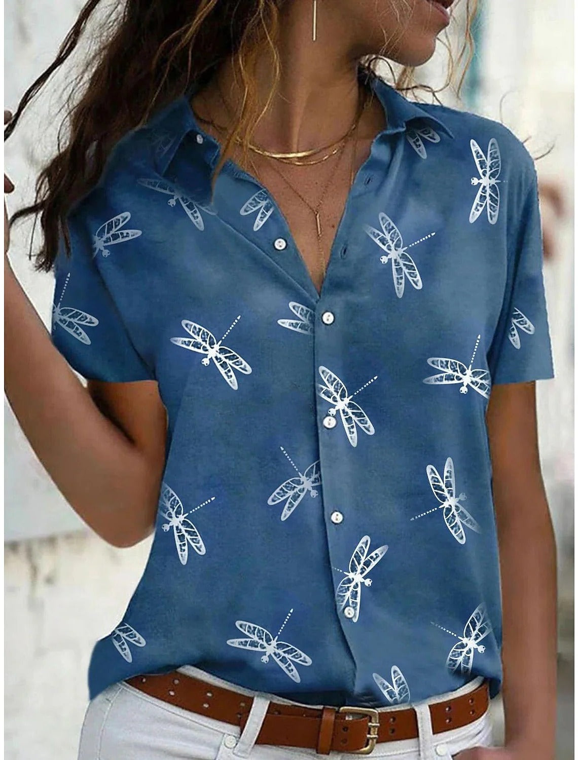 Freya | Women’s Dragonfly Print Short Sleeve Shirt with V-Neck
