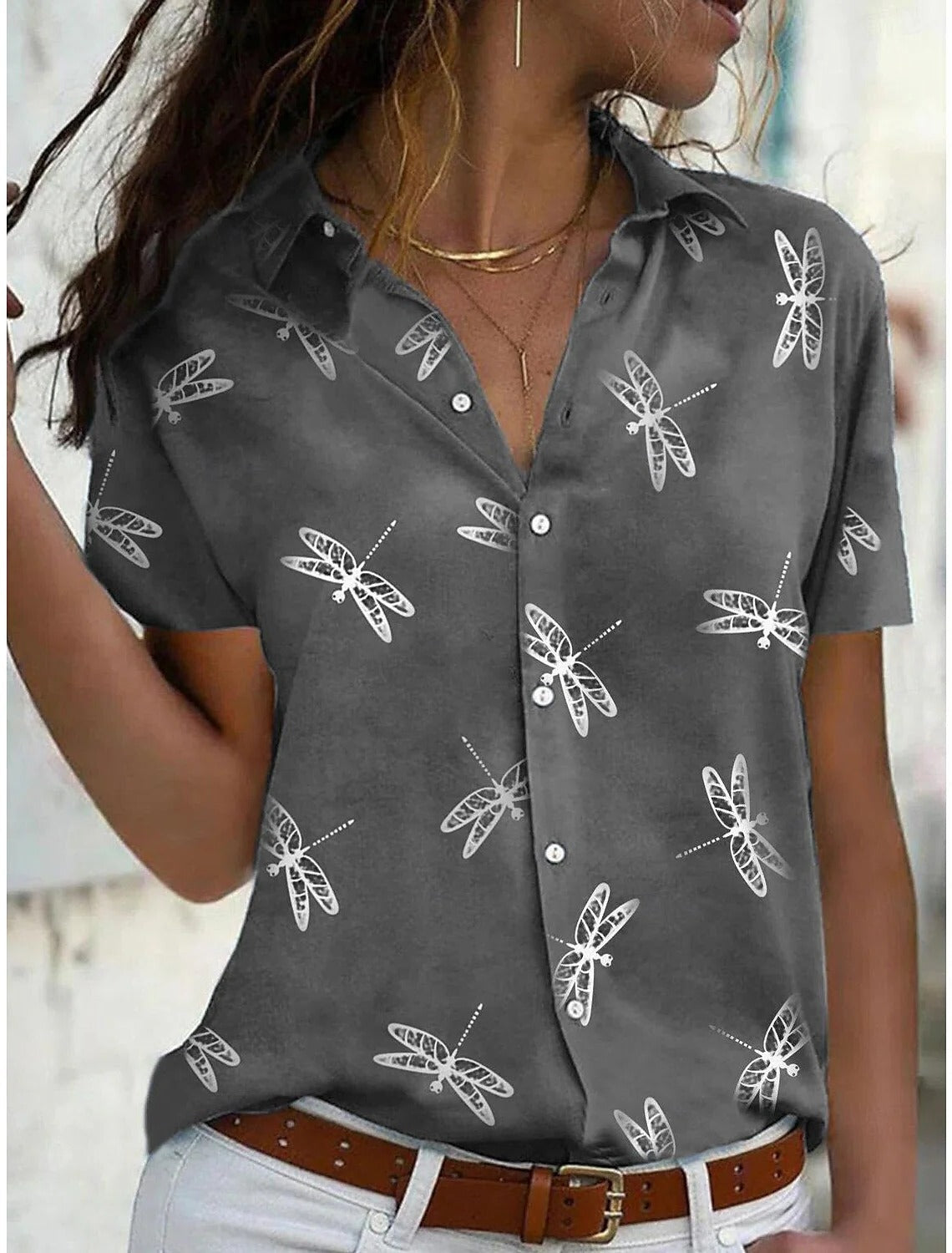 Freya | Women’s Dragonfly Print Short Sleeve Shirt with V-Neck