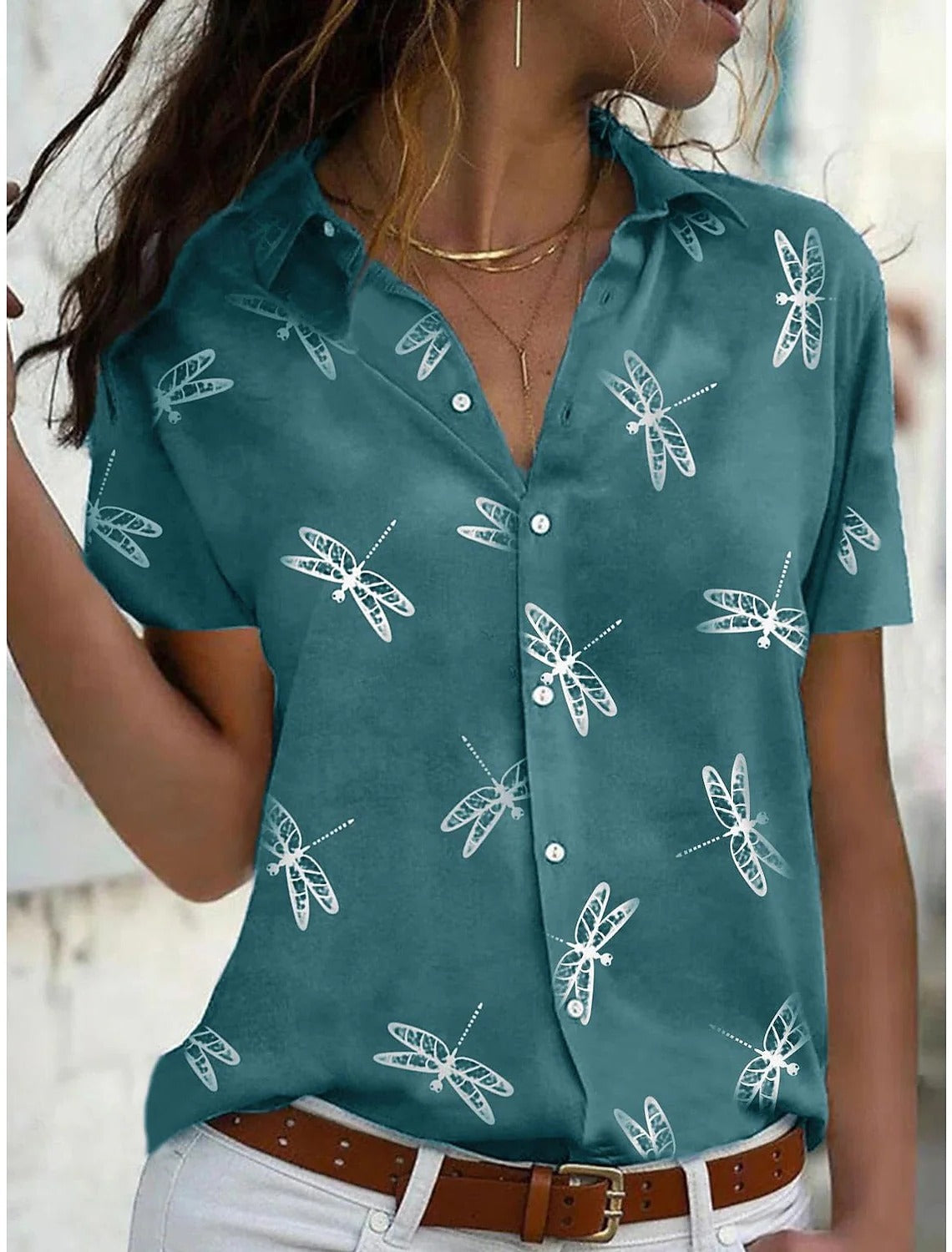 Freya | Women’s Dragonfly Print Short Sleeve Shirt with V-Neck