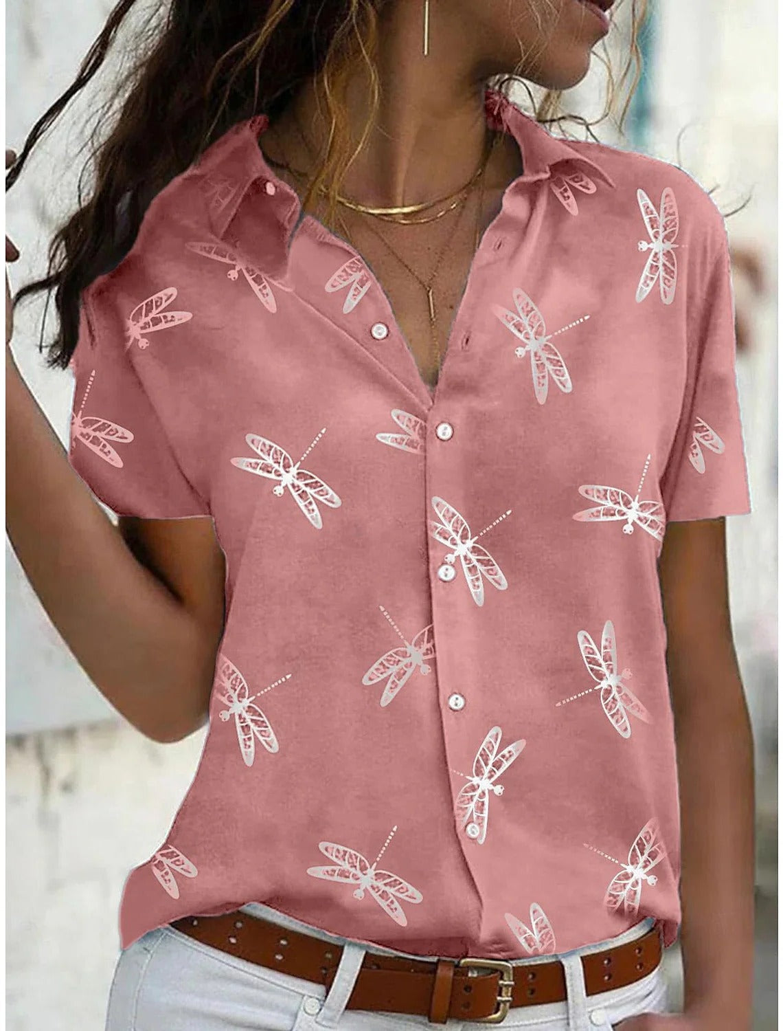 Freya | Women’s Dragonfly Print Short Sleeve Shirt with V-Neck