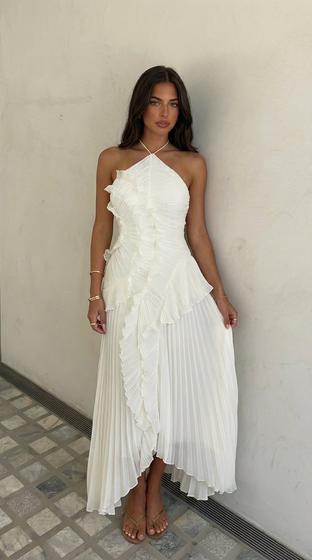 Grace Holloway | Pleated Ruffle Halter Maxi Dress For Women