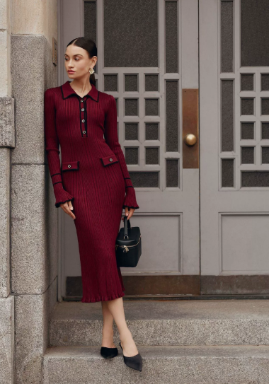 Audrey | Women’s Ribbed Midi Dress with Button Front