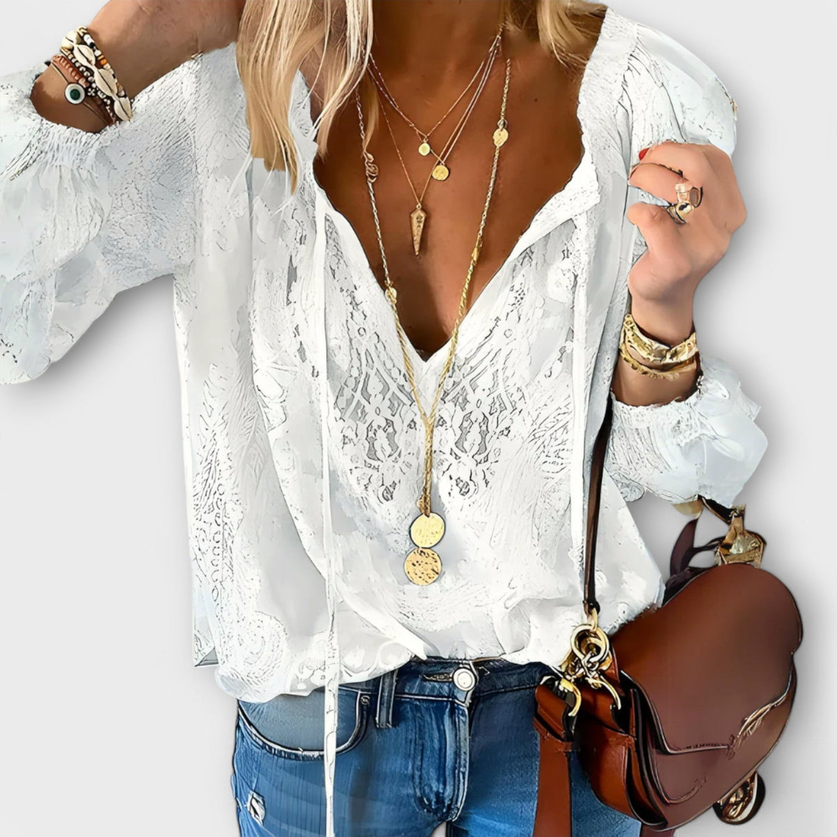 Isabeau | Women’s Lace V-Neck Blouse with Flowing Fit