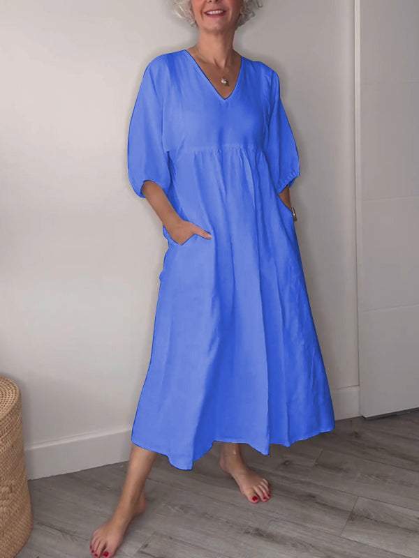 Elara | Women’s V-Neck Midi Dress with Pockets