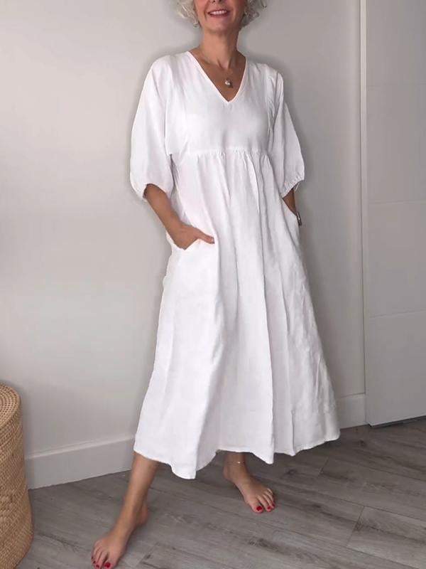 Elara | Women’s V-Neck Midi Dress with Pockets